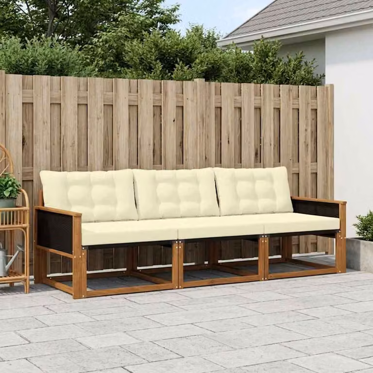 Set di divani da esterno vidaXL 3 pz in legno di acacia e textilene, colore beige e bianco