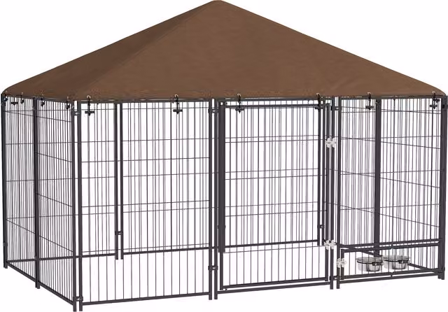 PawHut Recinto per Cani con Porticina per Ciotole in Metallo e Tessuto Oxford, L/P/H: 211 x 141 x 151 cm, Nero e Marrone – 1