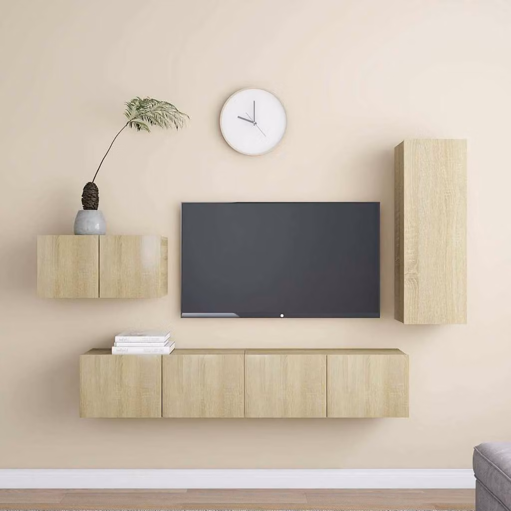 Set di mobili porta TV moderno vidaXL in legno Rovere Sonoma, 4 pezzi, beige e marrone, sospesi a parete