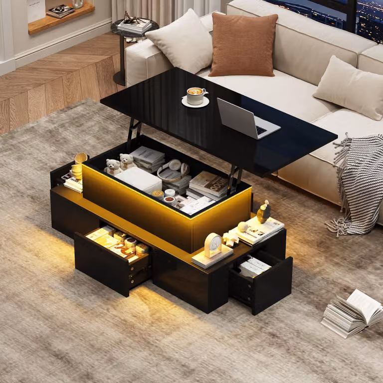Tavolino da caffè lucido Merax con LED e funzione di sollevamento, tavolino da salotto con 4 cassetti, spazio di archiviazione nascosto, porta USB e ripiano aperto, nero