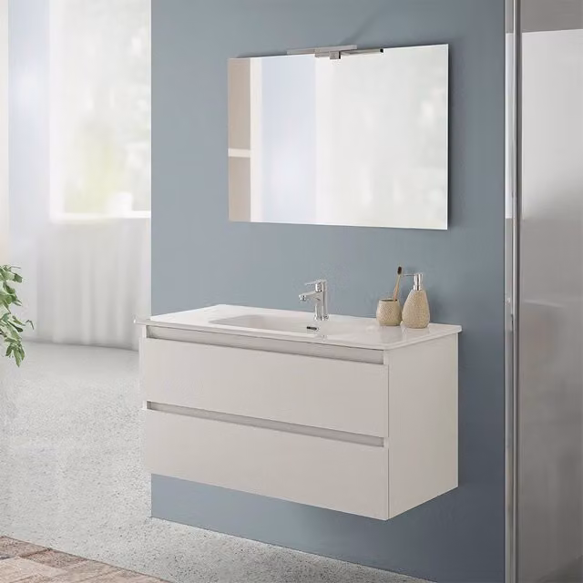 Mobile bagno sospeso INBAGNO Nadia in rovere bianco con lavabo e ante con cassetto, Larghezza: 100 cm