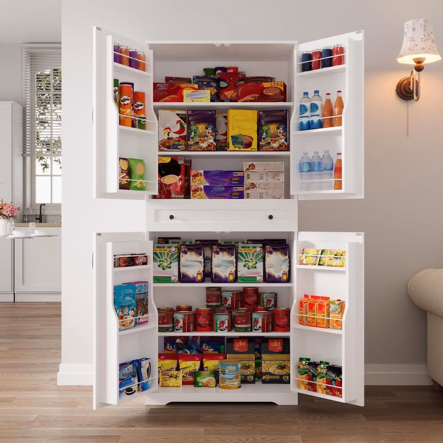 Armadio da cucina con 12 ripiani e cassetti, colore bianco, dimensioni 183 x 76 x 40 cm