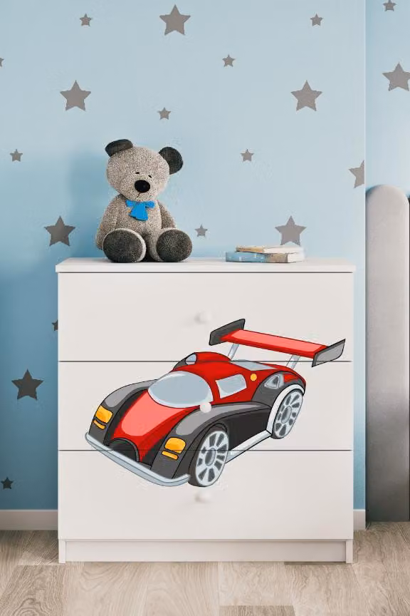 Cassettiera per bambini con cassetti auto da corsa nel colore bianco Babydreams