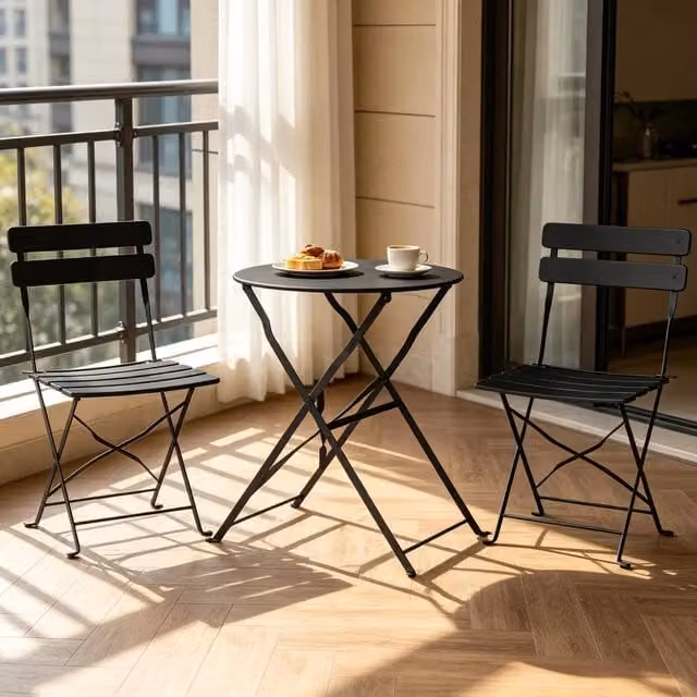 Set da bistrot da giardino OKWISH pieghevole con tavolo rotondo e 2 sedie in metallo nero per balcone e terrazza