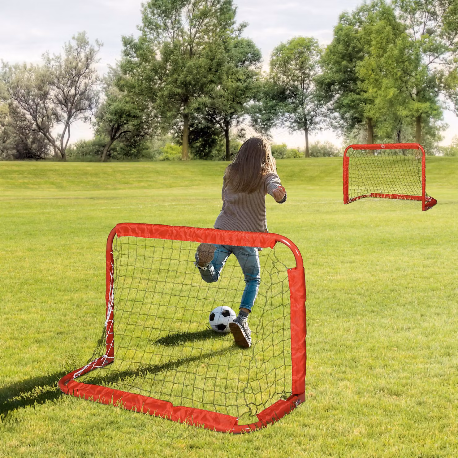 Set di 2 porte da calcio pieghevoli da esterno HOMCOM in acciaio e tetrolon, rosso, L 90 cm x P 36 cm x H 60 cm – 2