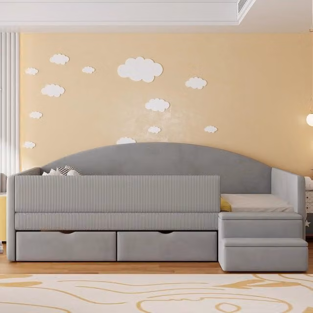 Letto Imbottito con Cassetti e Scaletta ¨C Xylo ¨C Velluto Grigio 90x190