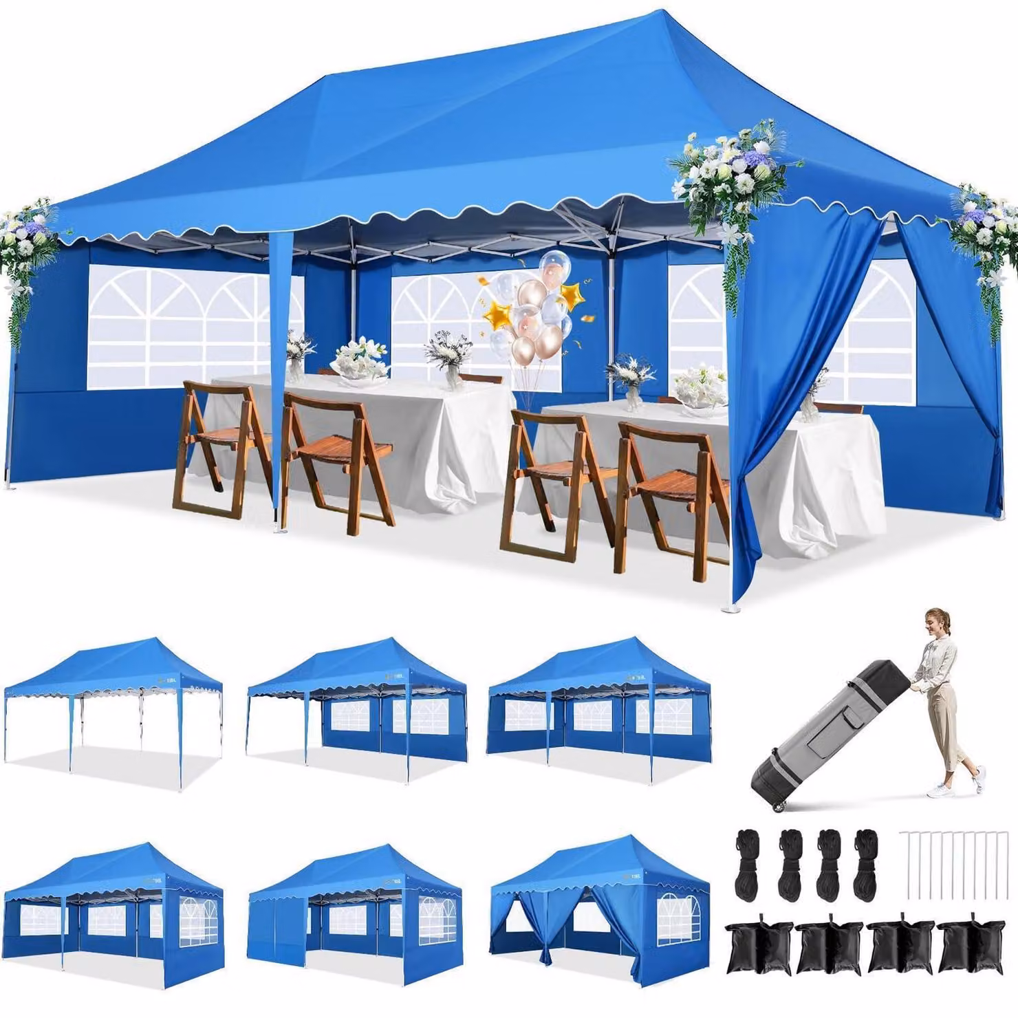 Tenda da giardino 3x6 metri, blu, impermeabile, stabile, con 6 pareti laterali, protezione UV 50+