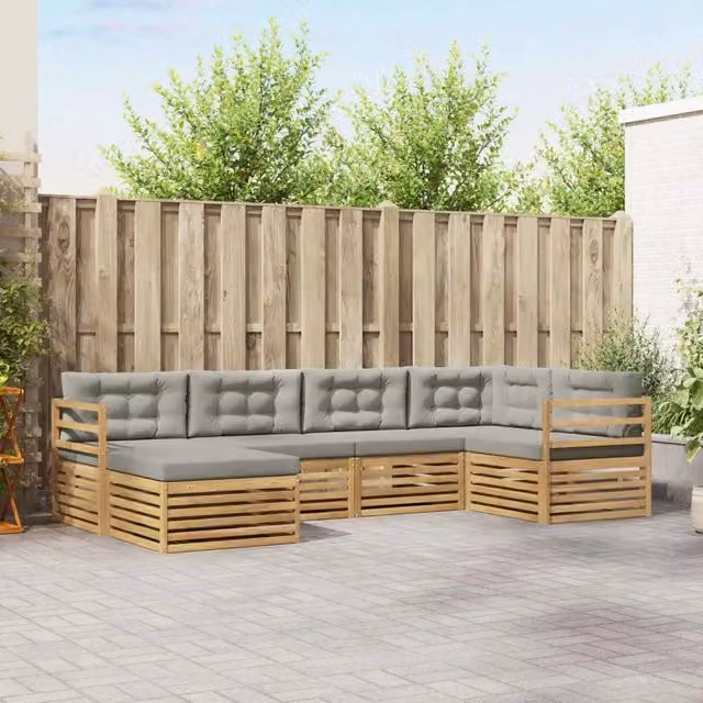Set di divani da esterno a L vidaXL in legno di acacia con cuscini, bianco e grigio – 1