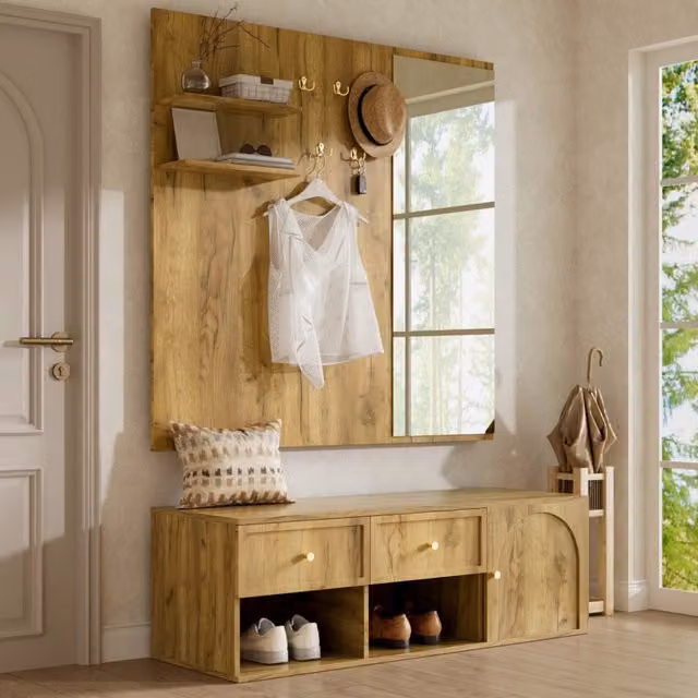 Set appendiabiti da parete con anta, cassetti, specchio e panca porta scarpe in legno 120x35x159 cm