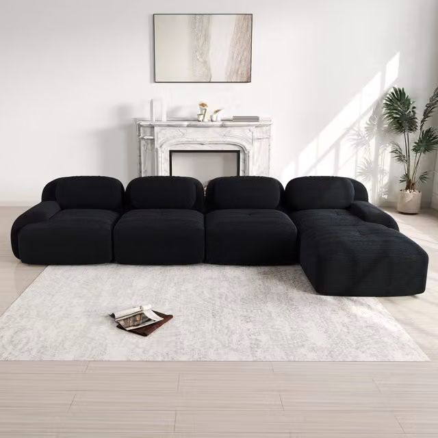 Divano Angolare 4 Posti con Chaise Longue MINIMAL Nero con Braccioli Extra Larghi e Tessuto Velluto