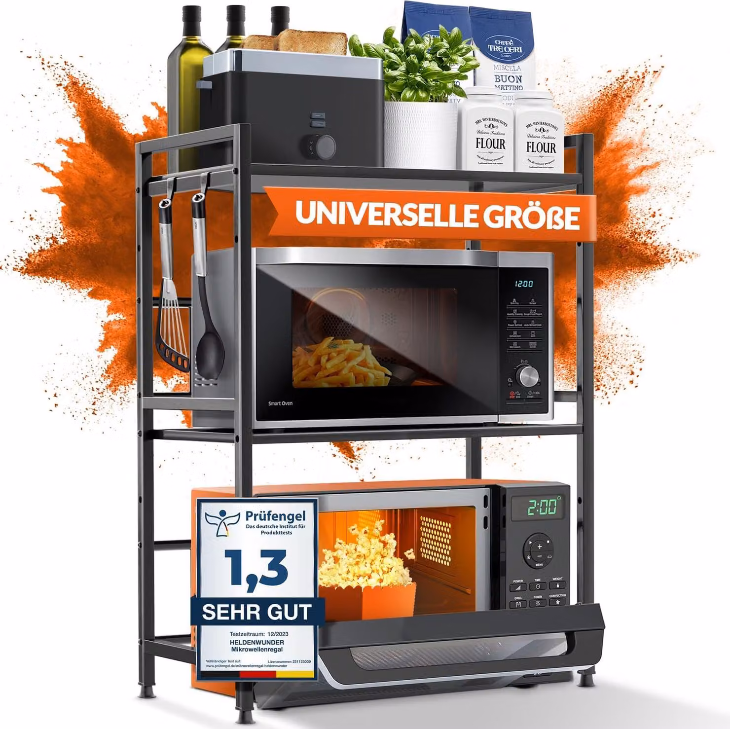 Ripiano per cucina, ripiano per microonde, scaffale da cucina in acciaio (a 3 livelli) | Ripiano per microonde, mobiletto per microonde | Scaffale di stoccaggio, scaffale per panetteria, altezza regolabile