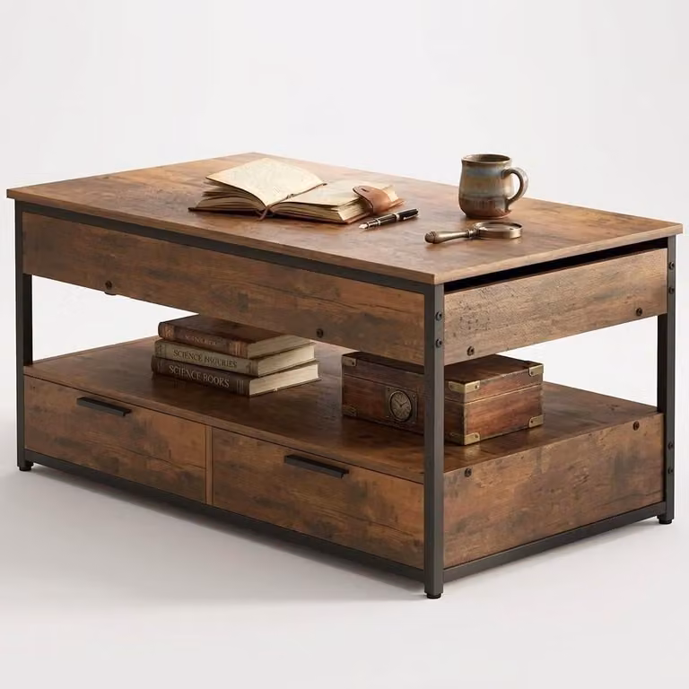 Tavolino in legno stile loft, color caffè, allungabile, con cassetti, da salotto, 100 cm