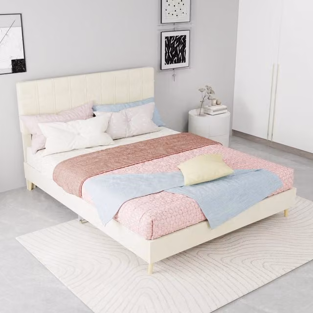 Letto matrimoniale in velluto 140 × 200 cm con testiera imbottita beige e struttura in legno