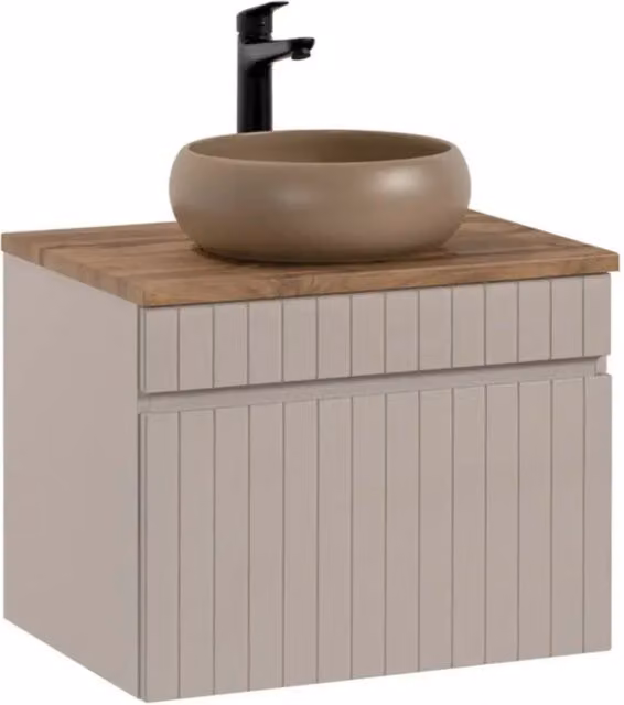 Set ICON: mobile sottolavabo 60cm cachemire + piano per lavabo effetto legno + lavabo da appoggio rotondo