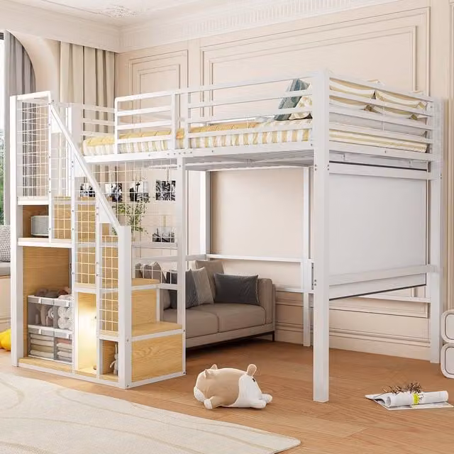 Letto a Soppalco con Scala di Sicurezza ¨C MINIMAL ¨C Bianco, Metallo, 140x200