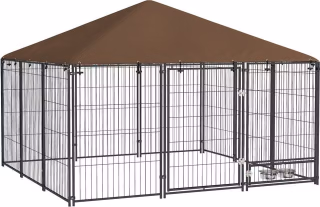 PawHut Recinto per Cani in Metallo e Tessuto Oxford con Porticina per Ciotole, 211x211x151 cm, Nero e Marrone Aosom