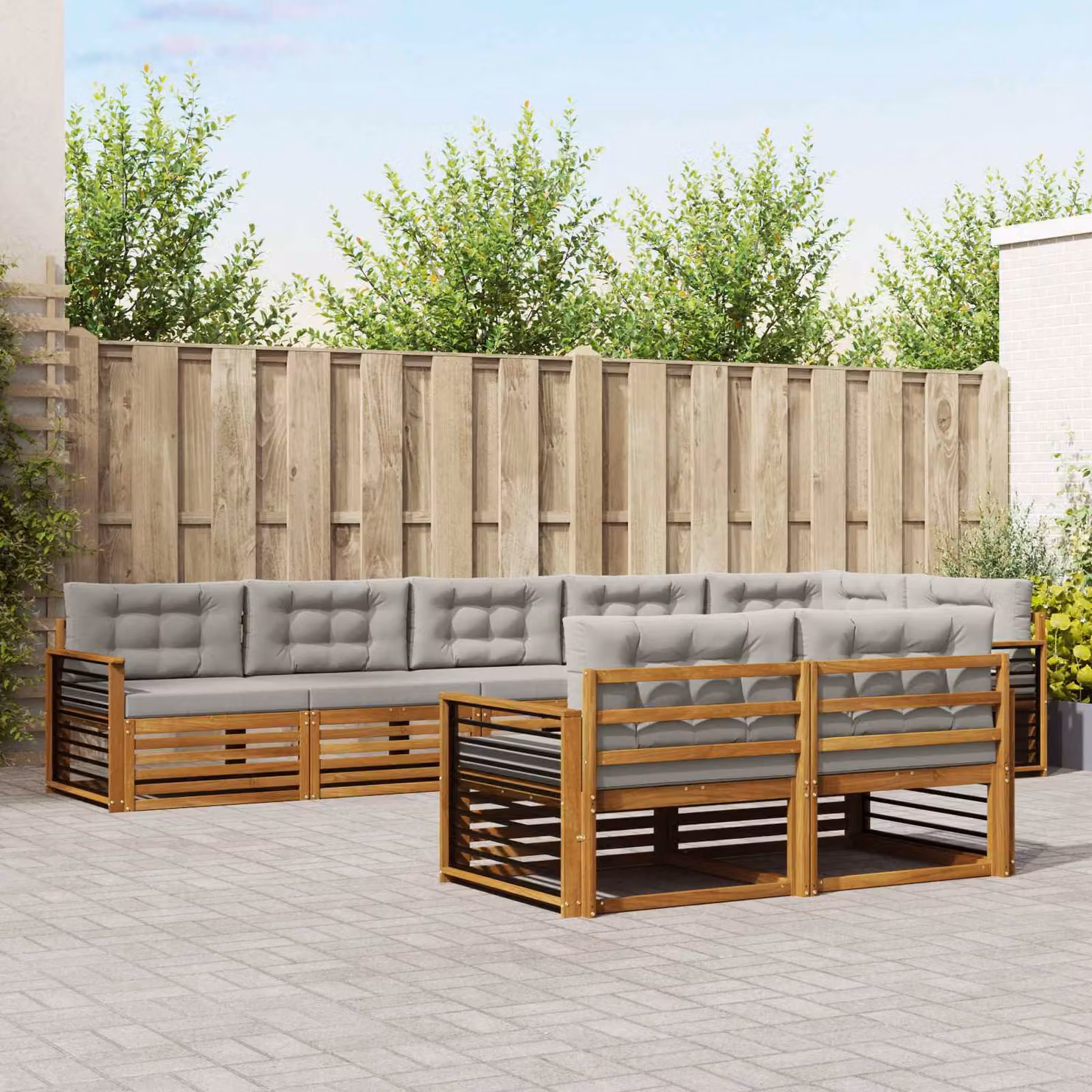 vidaXL Set di divani da esterno a L in legno di acacia con cuscini, 8 pezzi, Grigio e Marrone