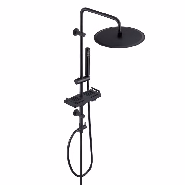 JOHO Colonna Doccia Acciaio Inox Senza Miscelatore Regolabili Nero idromassaggio Asta Doccia Set Doccia Pioggia Soffione e Porta Ogetti Mensola D30cm