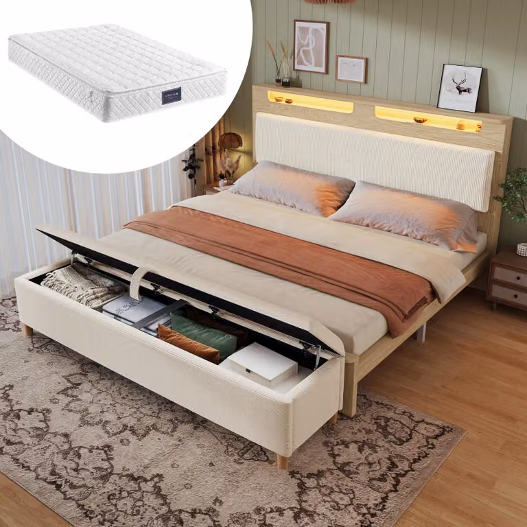 okwish Struttura letto imbottita 140×200 cm, struttura letto in legno, letto per ragazzi con contenitore, Letto matrimoniale con illuminazione LED e testata imbottita beige (con materasso)