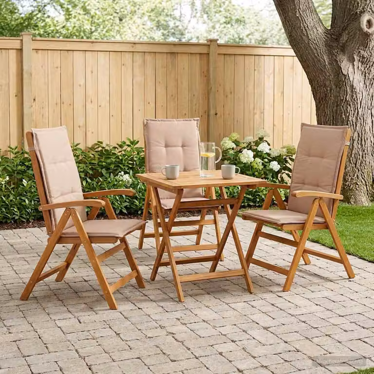 Set di 3 sedie da giardino reclinabili vidaXL in legno di acacia naturale con cuscini beige