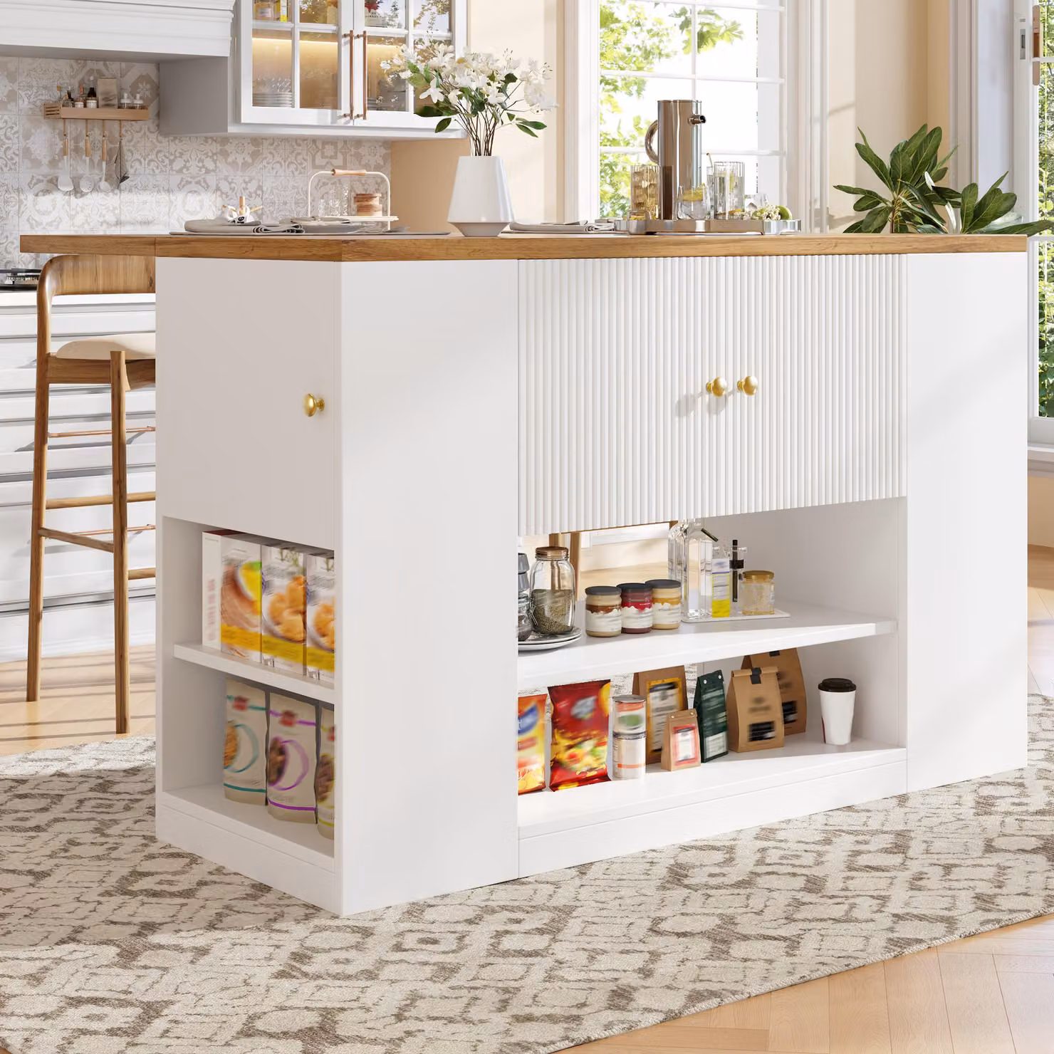 Isola da cucina bianca con spazio contenitivo e piano ribaltabile, dimensioni 140 x 40 x 90 cm, realizzata in MDF e metallo, con cassetti e ripiani