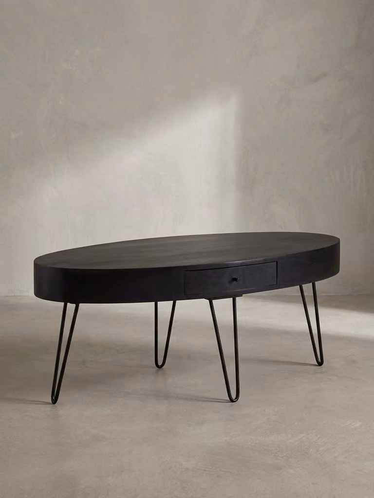 Tavolino da salotto 100x50x40 cm in legno massello di mango Tavolino in metallo, tavolino da salotto di design ovale con cassetto, tavolino da caffè con spazio contenitivo massiccio, grande tavolino da salotto con gambe a forcella