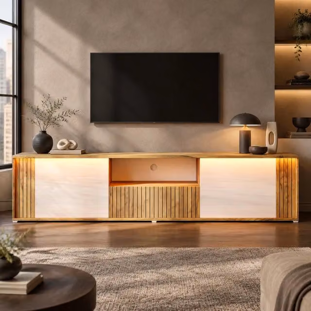 Mobile porta TV con LED Bluetooth 2 ante 1 cassetto e vani aperti per soggiorno MDF bianco e naturale 180 × 40 × 51 cm