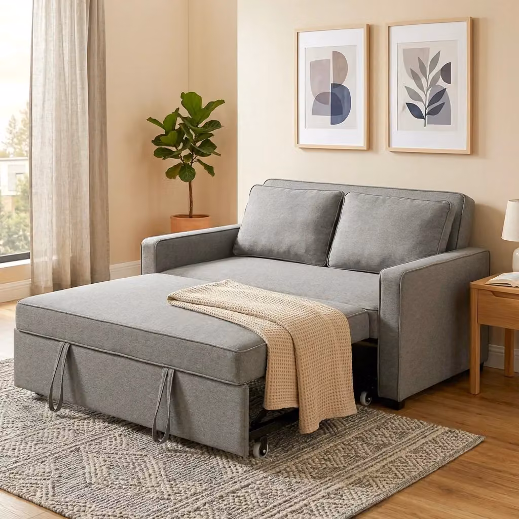Divano Letto Click Clack 2 Posti GIORDANOSHOP in Tessuto Grigio con Cuscini e Schienale Regolabile, L/P/H: 148 x 91.5 x 86 cm, Dimensioni Letto: 140 x 200 cm – 2