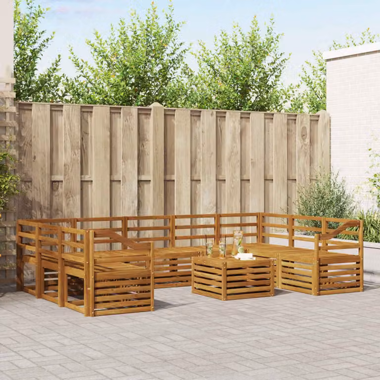 Set di divani da esterno vidaXL in legno di acacia marrone con 10 pezzi, include elementi angolari, tavolino da caffè e cuscini