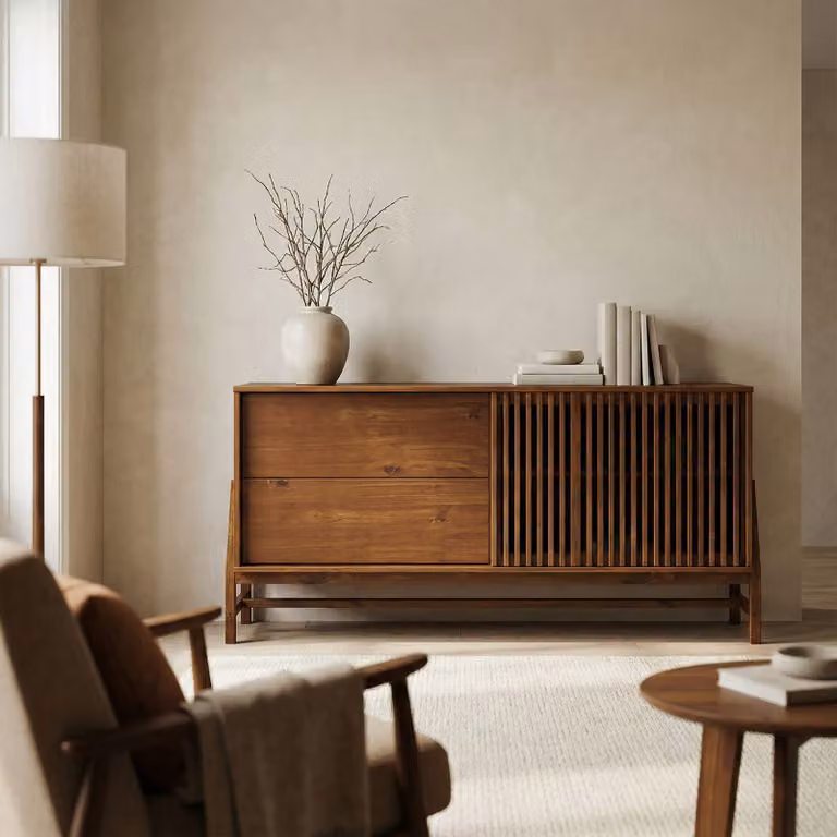 Credenza ADAMO 145 cm in legno massiccio, finitura castagno - cassettiera con sorprendente anta scorrevole a doghe, mobile da soggiorno con 2 cassetti, credenza con ripiano regolabile
