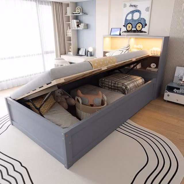 Divano letto-Xylo-90x200 cm-LED, multipresa, legno grigio