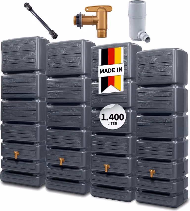 Set completo per serbatoio a parete 4rain SLIM WOOD DECOR da 1400 litri, grigio grafite, 4 serbatoi SLIM da 350 L con set di collegamento, rubinetto di scarico in plastica e raccordo per tubo di scarico