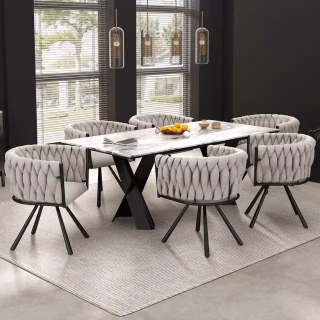 Sedia da pranzo girevole 360° in lino nero; set da 6; con struttura in metallo