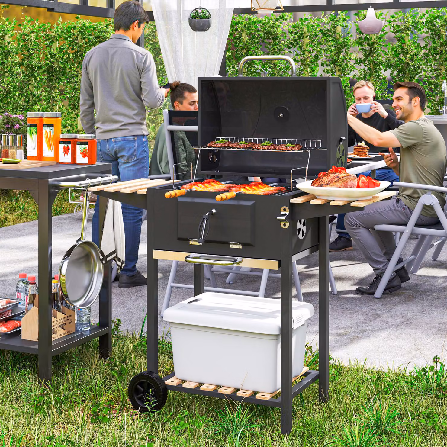 Barbecue a carbone Outsunny in acciaio e legno nero con carrello, ripiani, termometro e apribottiglie – 2