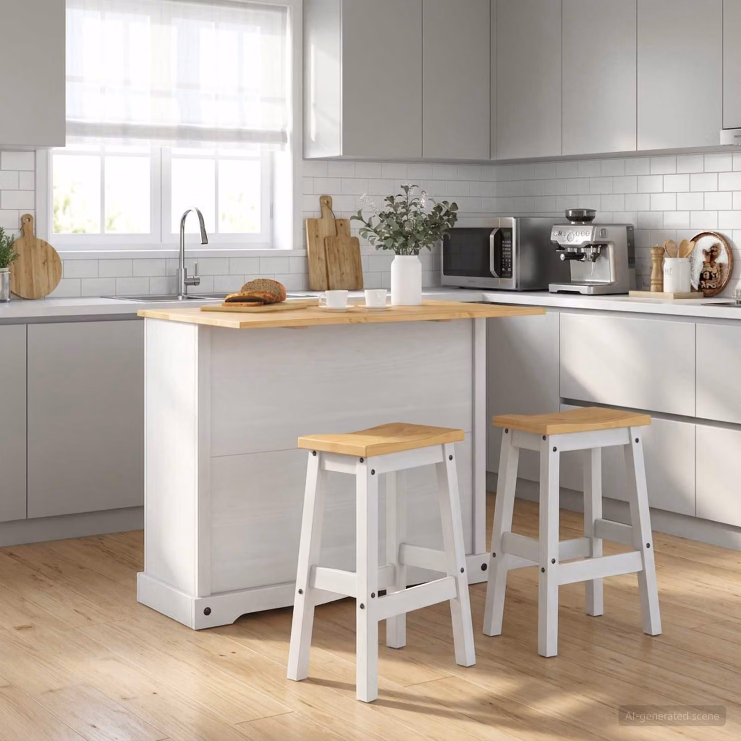 Set isola da cucina moderno vidaXL in 3 pezzi, Bianco e Pino Massello, L/P/H: 112,0 x 70,0 x 91,5 cm