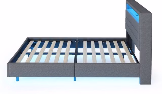 Letto imbottito 140x200 cm in lino grigio con USB, luci LED e testiera reversibile