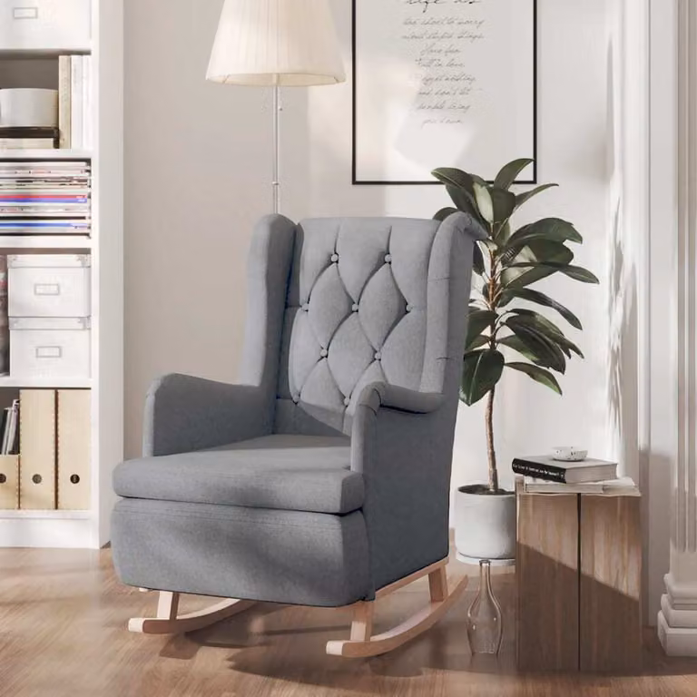 The Living Store Poltrona a dondolo con gambe in legno di gomma Tessuto grigio chiaro