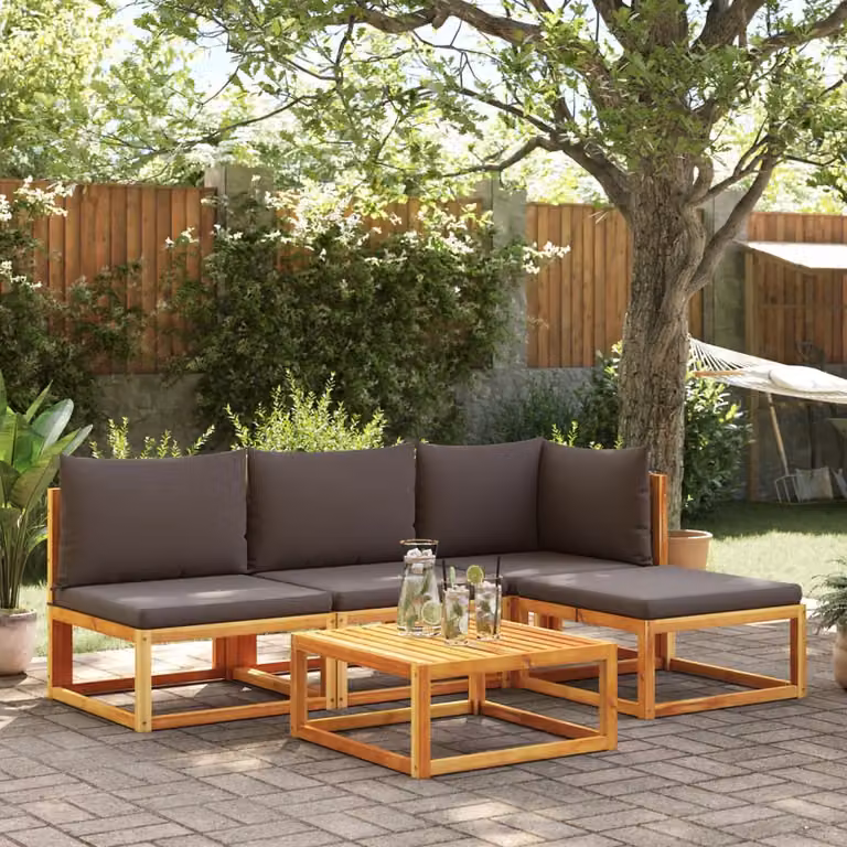 vidaXL Set di divani da giardino 5 pezzi a forma di L in legno di acacia con cuscini grigi e marroni