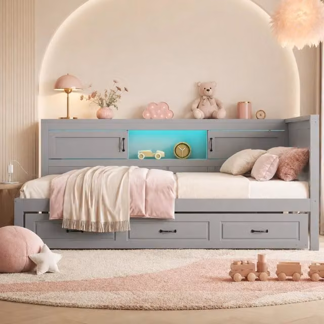 Divano letto 90x200 cm con letto estraibile; illuminazione ambientale; presa e USB; grigio