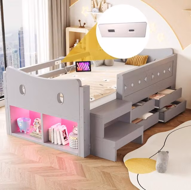 Letto singolo per bambini 90x200 cm con LED e cassetti grigio