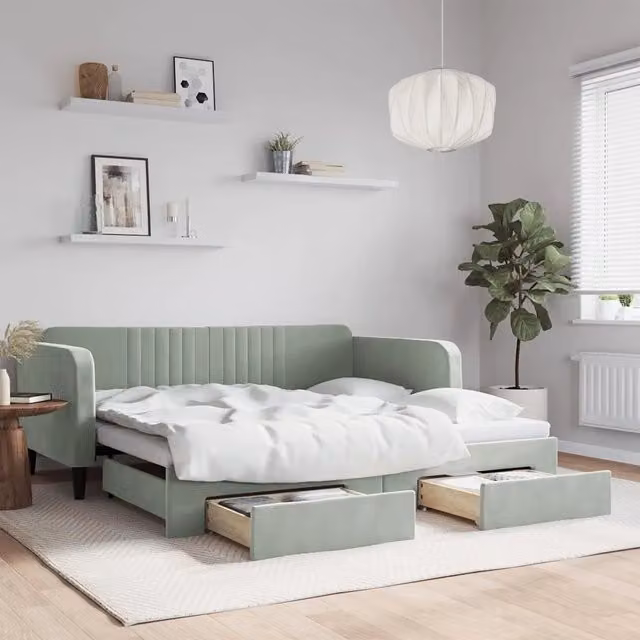 Divano Letto Estraibile con Cassetti vidaXL in Velluto Grigio L/P/H: 213 x 110 x 75 cm, Dimensioni Letto: 100 x 190 cm – 1
