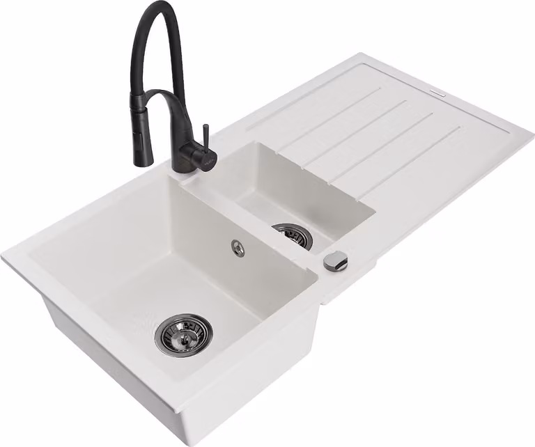 Mexen Andres lavello in granito 1,5 vasche con scolapiatti e rubinetto da cucina Aster, bianco - 6515-20-73450-70-B