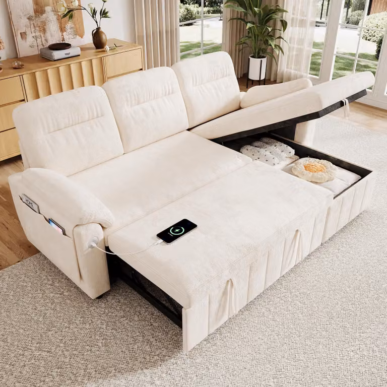 Divano angolare MODFU, divano letto con spazio contenitore, divano relax con porta USB/Type-C e rivestimento in chenille, divano trasformabile con chaise longue intercambiabile, color beige, dimensioni 208×131×88 cm