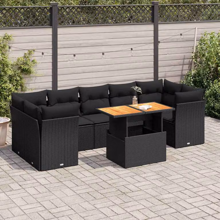Set Divani da Giardino vidaXL a Forma di L in Polyrattan Nero con Cuscini e Tavolino da Esterno