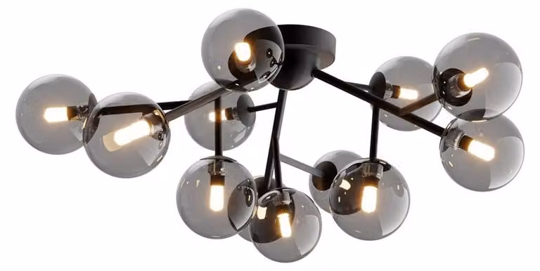 Plafoniera Contemporanea Dallas Metallo Nero 12 Luci Diffusori Vetro Nero Specchiato