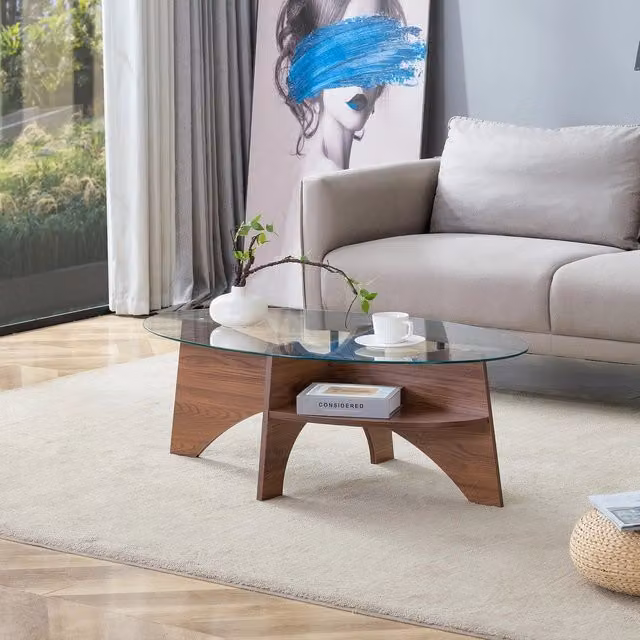 Tavolino da caffè ovale MINIMAL con vetro temperato trasparente e finitura noce, L: 104,9 cm x P: 60 cm