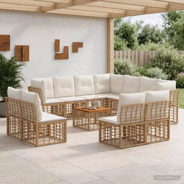 Set di divani da esterno 12 pz Naturale e Bianco Crema 3437498