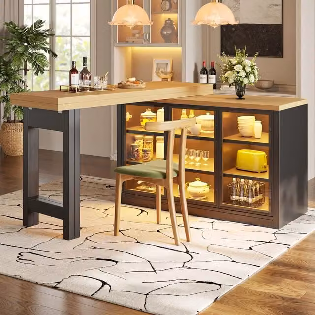 Tavolo da pranzo allungabile con mobile laterale e ripiani regolabili, luce multicolore, nero, 120 × 40 × 72 cm