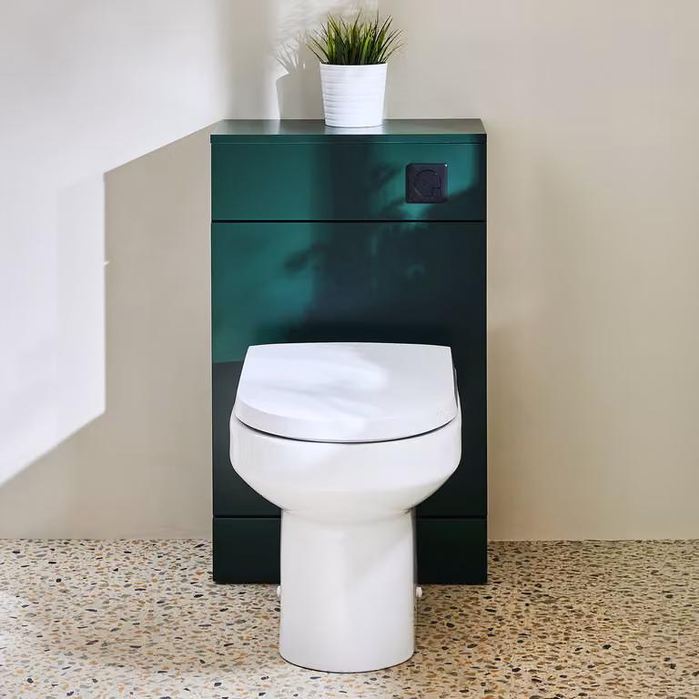 Mobile WC da 500 con Sanitario Covelly - Verde Scuro - Pulsante di Scarico Nero - Cluo