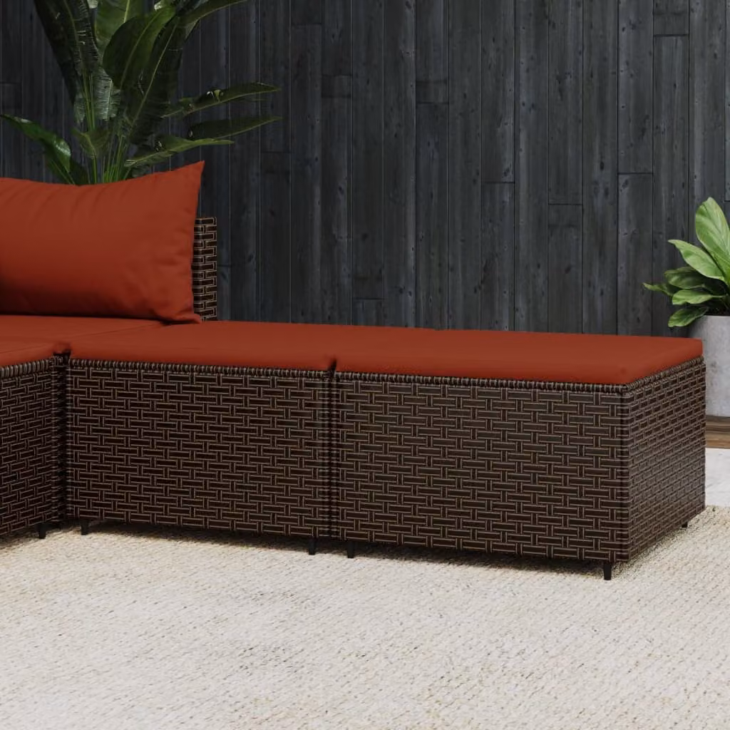 Set di 2 poggiapiedi da giardino vidaXL in polyrattan marrone con cuscini